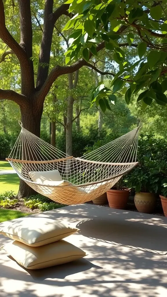 A hammock set up under trees with cushions and potted plants around