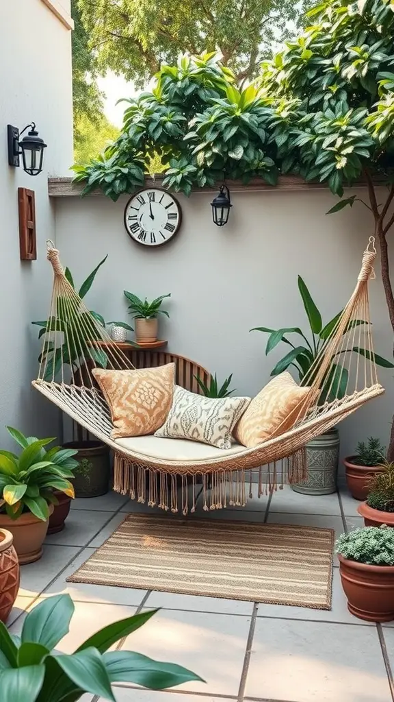 25 Creative Small Patio Ideas for Your Outdoor Space 4 Cozy hammock surrounded by plants on a small patio