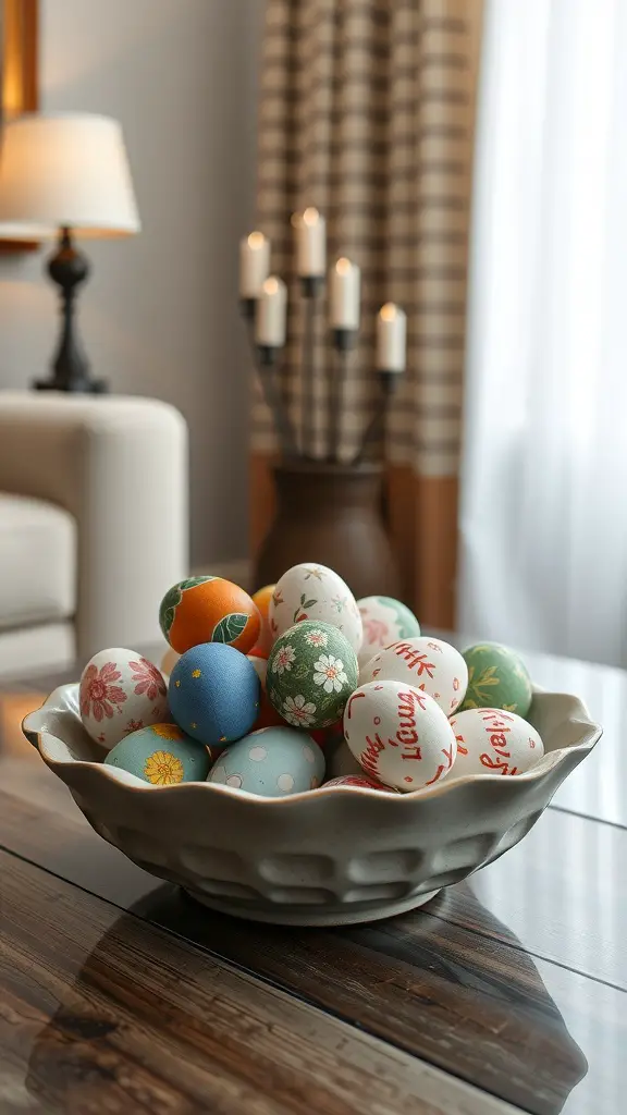 A bowl filled with hand-painted Easter eggs in various colors and designs.