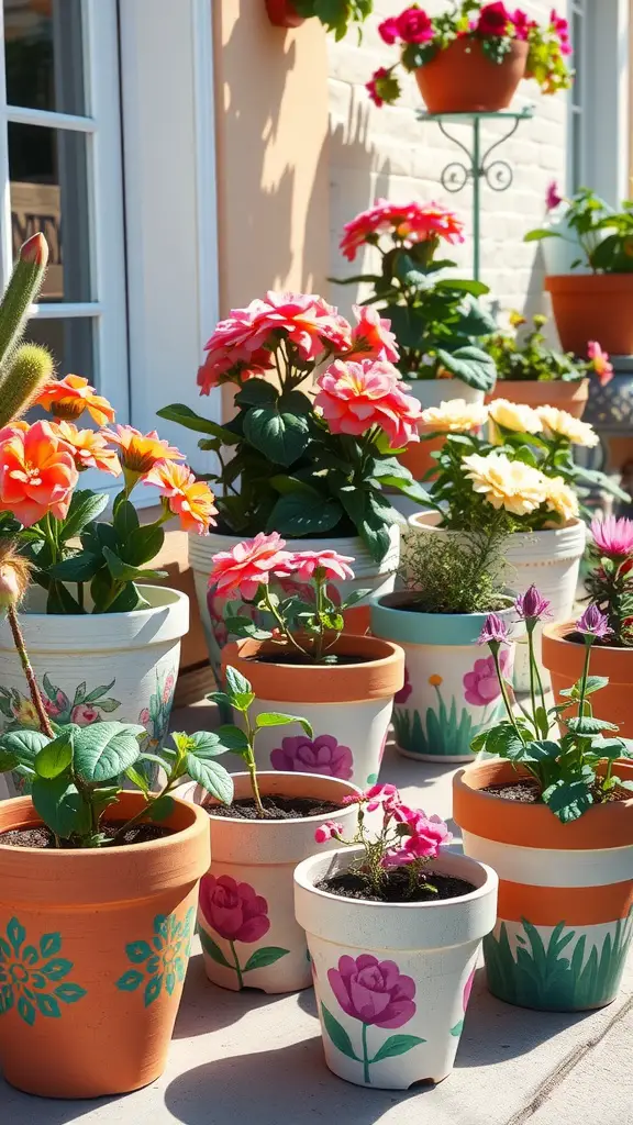 A collection of hand-painted flower pots filled with colorful flowers against a sunny backdrop.