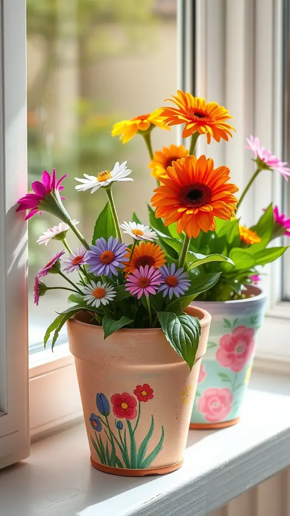 Two hand-painted flower pots with colorful flowers by a window