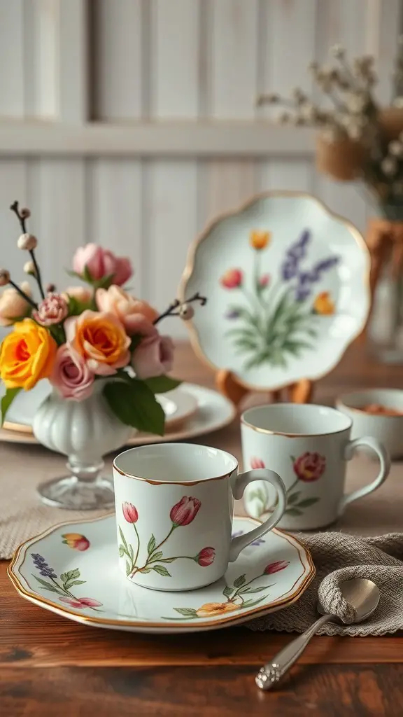 A beautifully set table featuring hand-painted floral tableware with cups, plates, and a floral centerpiece.