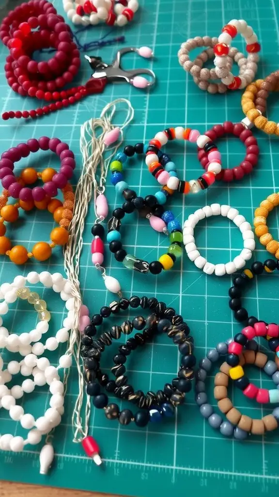 A collection of colorful handcrafted beaded bracelets and materials on a cutting mat.