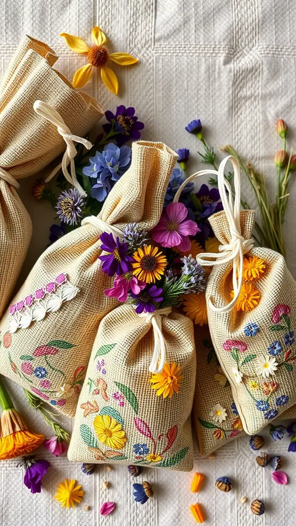 Colorful handmade potpourri bags filled with flowers on a soft fabric background.