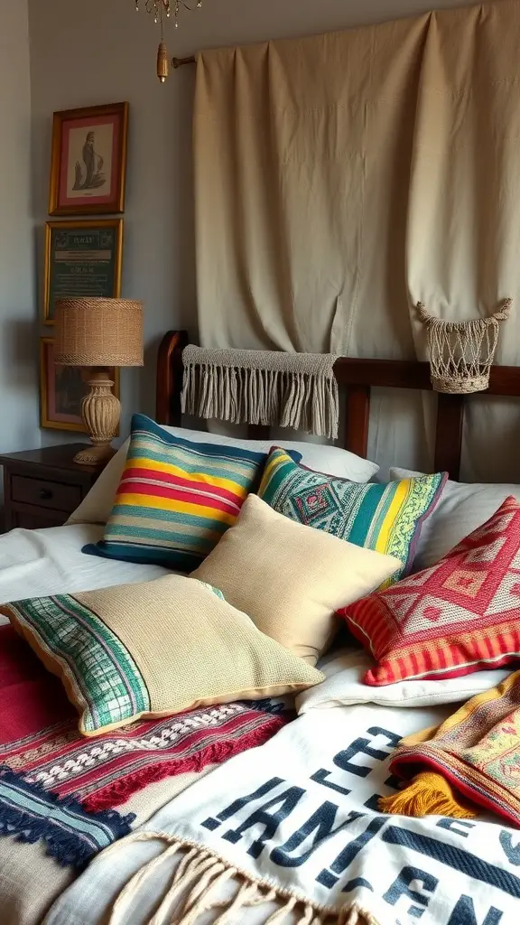 Cozy vintage bedroom with handwoven textiles and colorful throw pillows on a bed