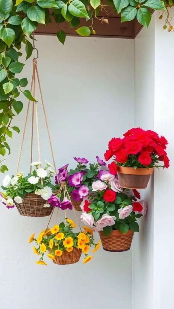 27 Creative Corner Landscaping Ideas for Your Garden 15 A collection of colorful hanging flower baskets with various blooms, showcasing a vibrant display.