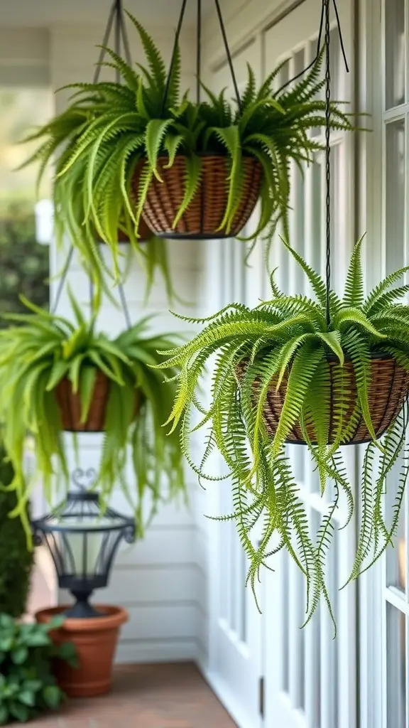 Hanging baskets of foxtail ferns on a porch