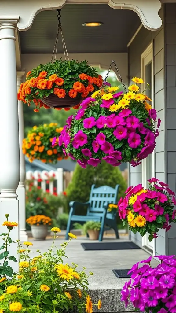 27 Cozy Front Porch Ideas for a Welcoming Home 12 Hanging flower baskets with vibrant blooms on a cozy front porch