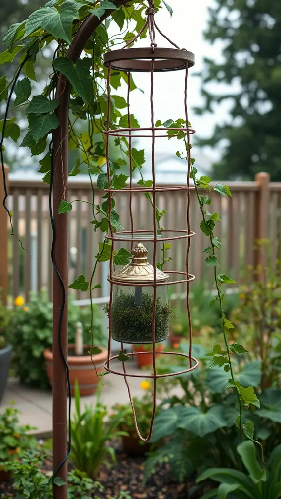 27 Creative DIY Garden Trellis Ideas for Your Outdoor Space 22 A hanging cylinder trellis with a glass container and climbing vines in a garden setting.