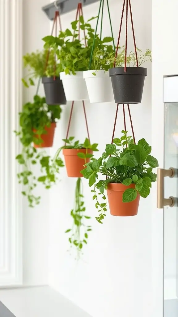 A collection of hanging herb pots in various colors and plants