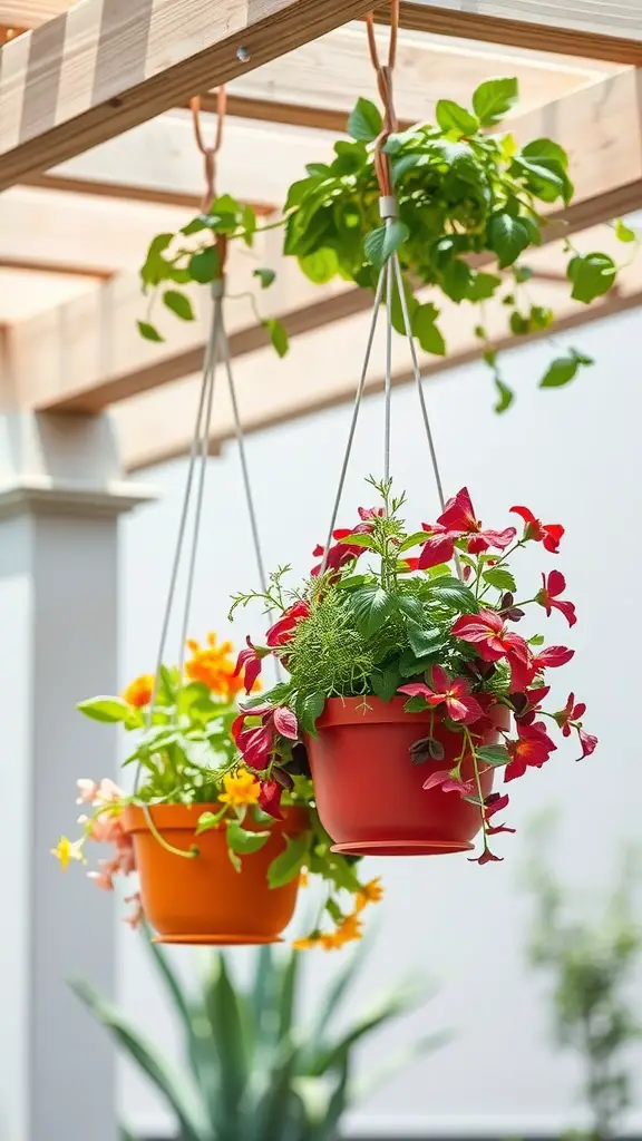 31 Creative Herb Garden Ideas for Every Space 9 Colorful hanging herb planters with vibrant flowers and greenery