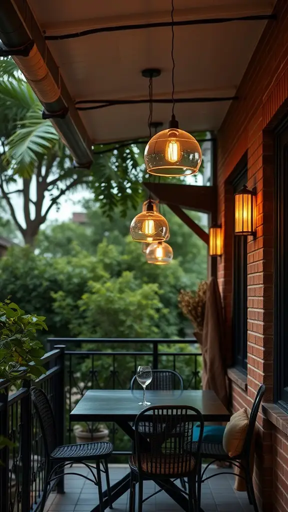 A cozy balcony with hanging pendant lights, a table set for two, and greenery in the background.