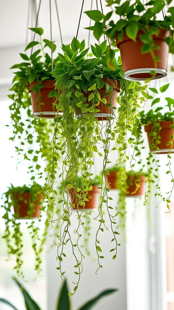 A display of hanging green plants in terracotta pots with cascading vines