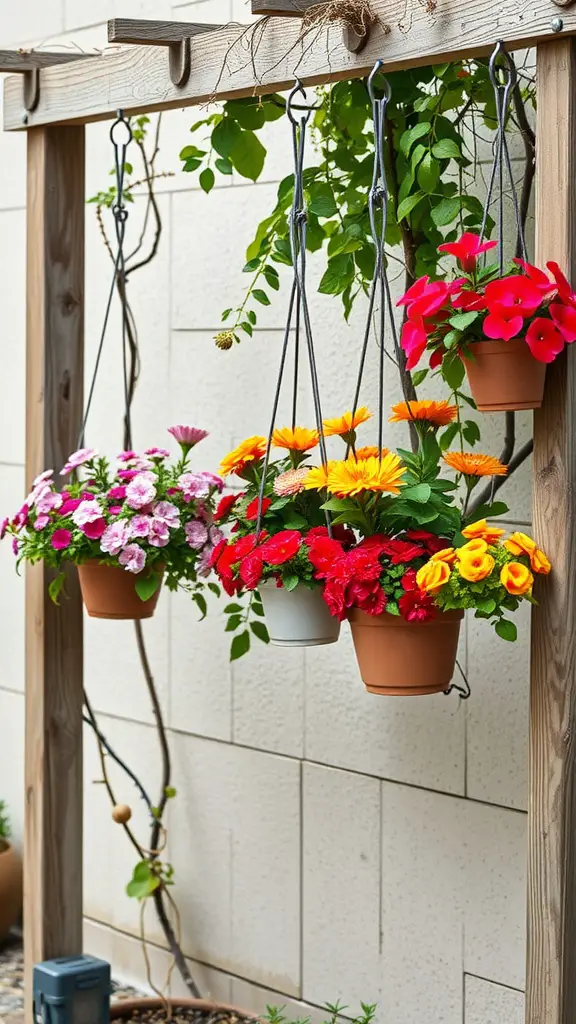 27 Creative DIY Garden Trellis Ideas for Your Outdoor Space 19 Hanging pot trellis with colorful flowers in pots
