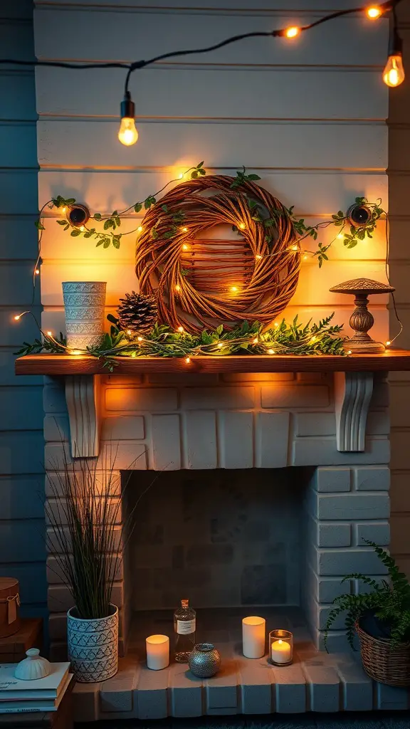 A beautifully decorated mantel with hanging string lights, a wreath, and natural elements.