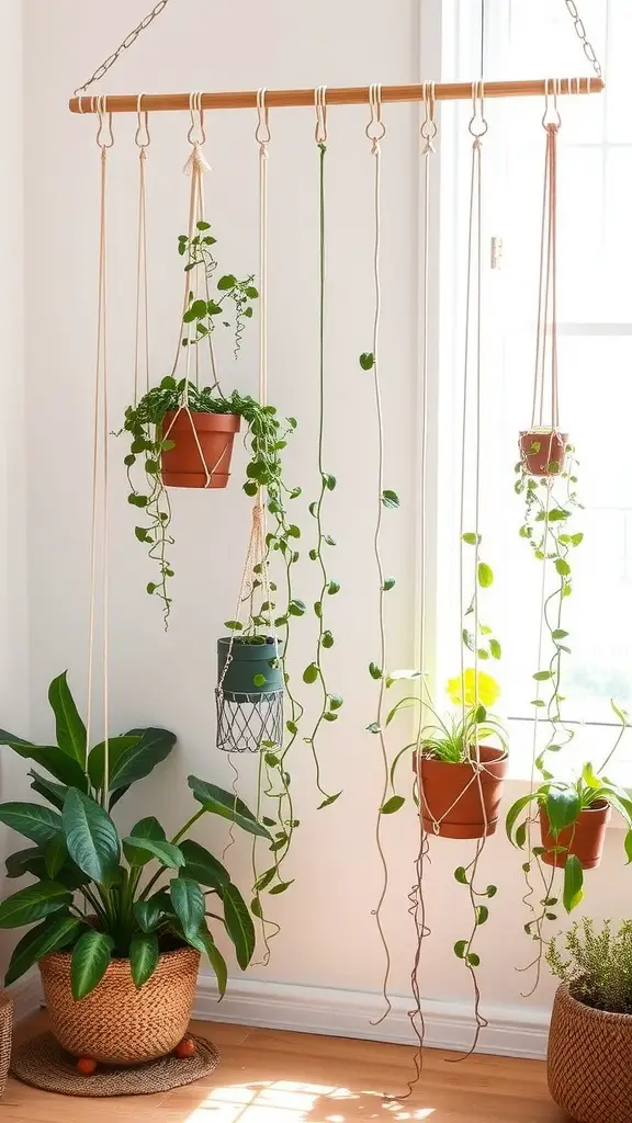 27 Creative DIY Garden Trellis Ideas for Your Outdoor Space 16 A hanging string trellis displaying indoor plants in pots, suspended from a wooden beam with natural strings.