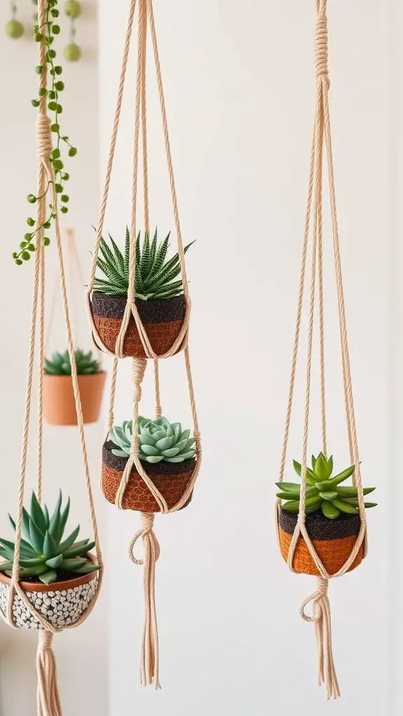 A collection of hanging succulent displays in various pots, showcasing different types of succulents.