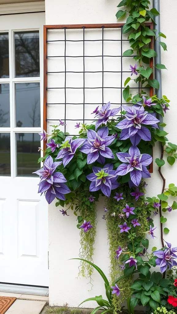 21 Stunning Clematis Trellis Ideas for Your Garden 18 A hanging trellis with purple clematis flowers, positioned near a white door, showcasing vibrant greenery.