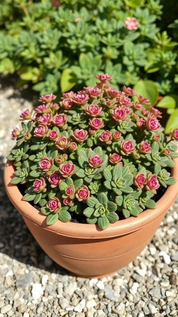 25 Beautiful Flowers Perfect for Container Gardening 17 A pot of hardy sedum flowers with pink blooms and green leaves.