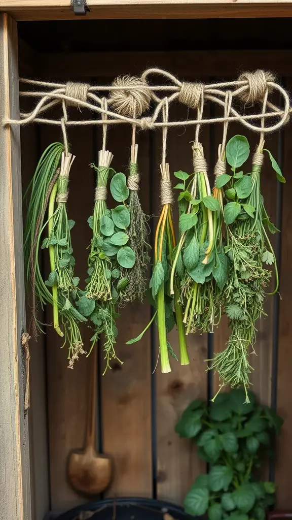 27 Stunning Garden Shed Interiors to Inspire Your Outdoor Space 4 A rustic herb drying rack with various herbs hanging, located in a garden shed.