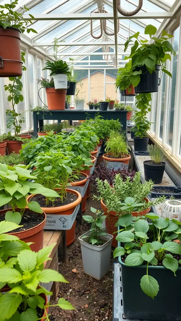 31 Creative Herb Garden Ideas for Every Space 22 A greenhouse filled with various potted herbs and plants, showcasing lush greenery and organized arrangement.