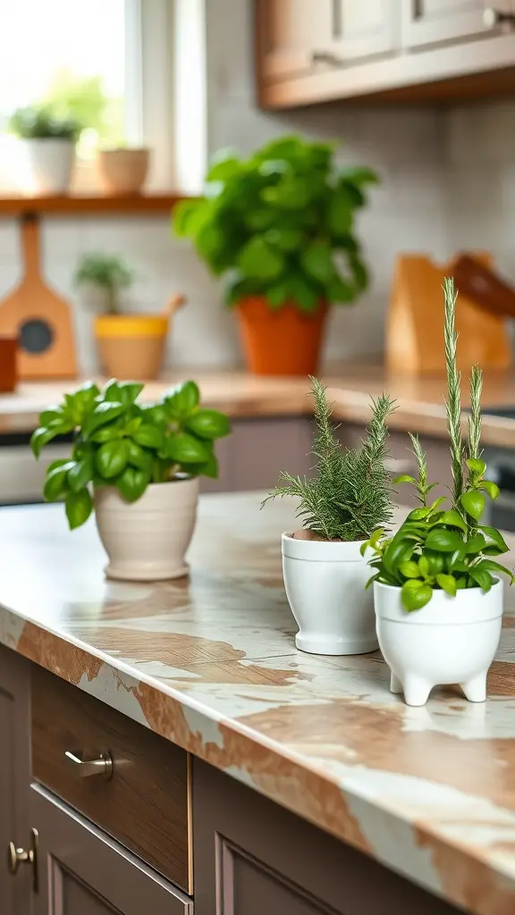 A kitchen island with several pots of herbs including rosemary and basil, bringing a fresh touch to the decor.