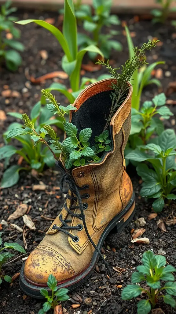 31 Creative Herb Garden Ideas for Every Space 14 An old leather boot with herbs growing inside, set in a garden with green plants around it.