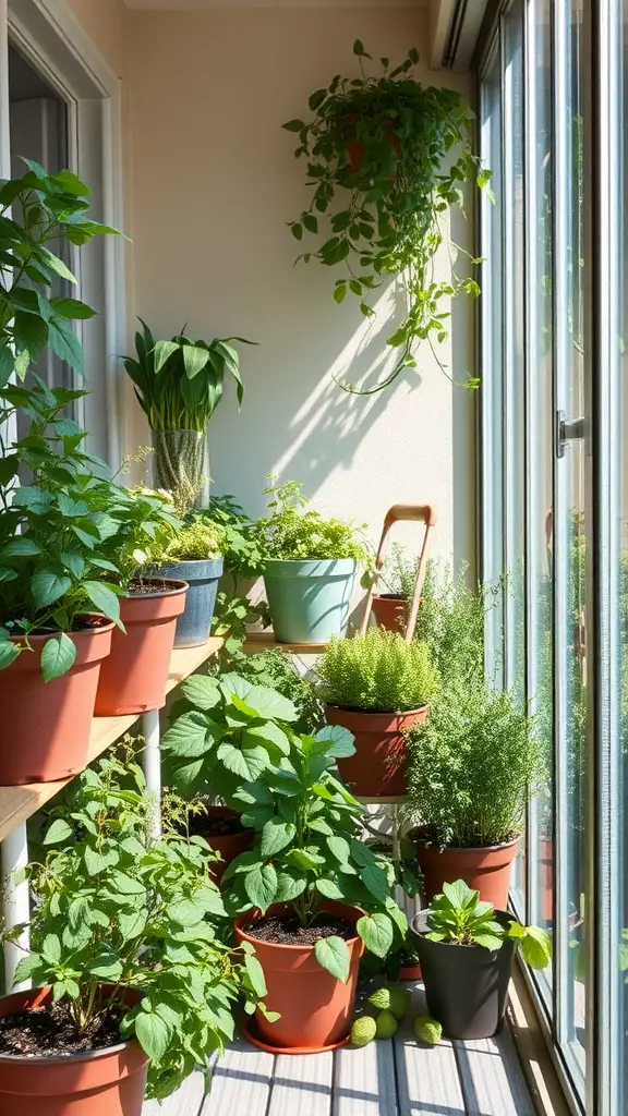 31 Creative Herb Garden Ideas for Every Space 24 A vibrant balcony herb garden with various potted plants arranged on shelves.