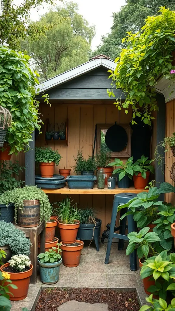 29 Creative Garden Shed Ideas for Every Backyard 20 A cozy herb garden shed filled with various potted herbs and plants, creating a vibrant and inviting gardening space.