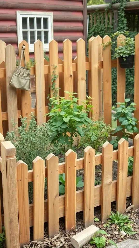 31 Creative Herb Garden Ideas for Every Space 19 A cozy herb garden surrounded by a wooden fence, featuring various green herbs and a hanging bag for gardening tools.