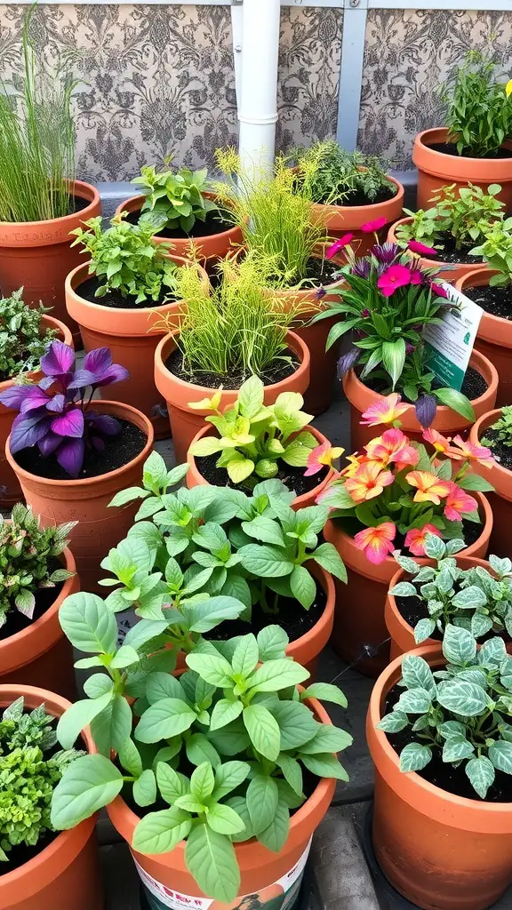 31 Creative Herb Garden Ideas for Every Space 21 A vibrant herb garden with various plants in terracotta pots