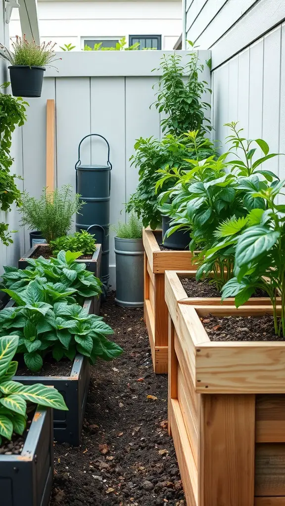 A narrow side yard with raised wooden and gray planters filled with various herbs and plants.