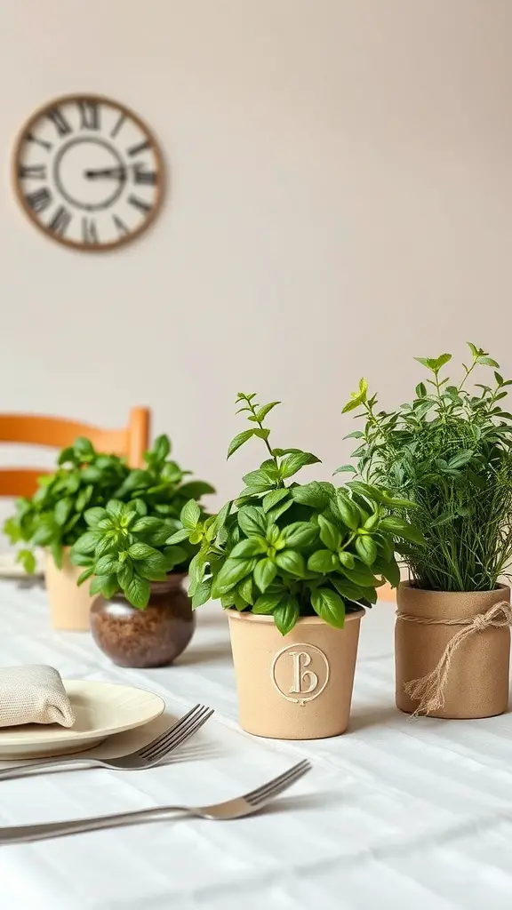 A dining table decorated with herb planters as centerpieces, featuring fresh basil and other herbs.