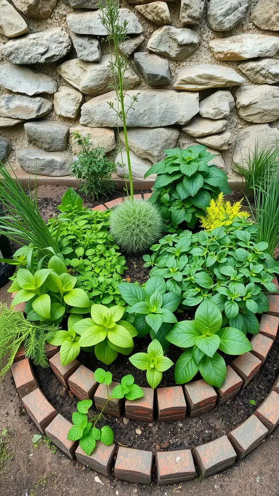 33 Creative Backyard Garden Ideas You Need to Try 14 A lush herb spiral garden with various herbs surrounded by a stone wall.