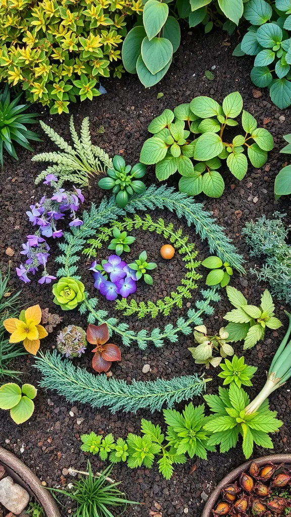 A beautifully arranged herb spiral garden featuring various herbs and plants.