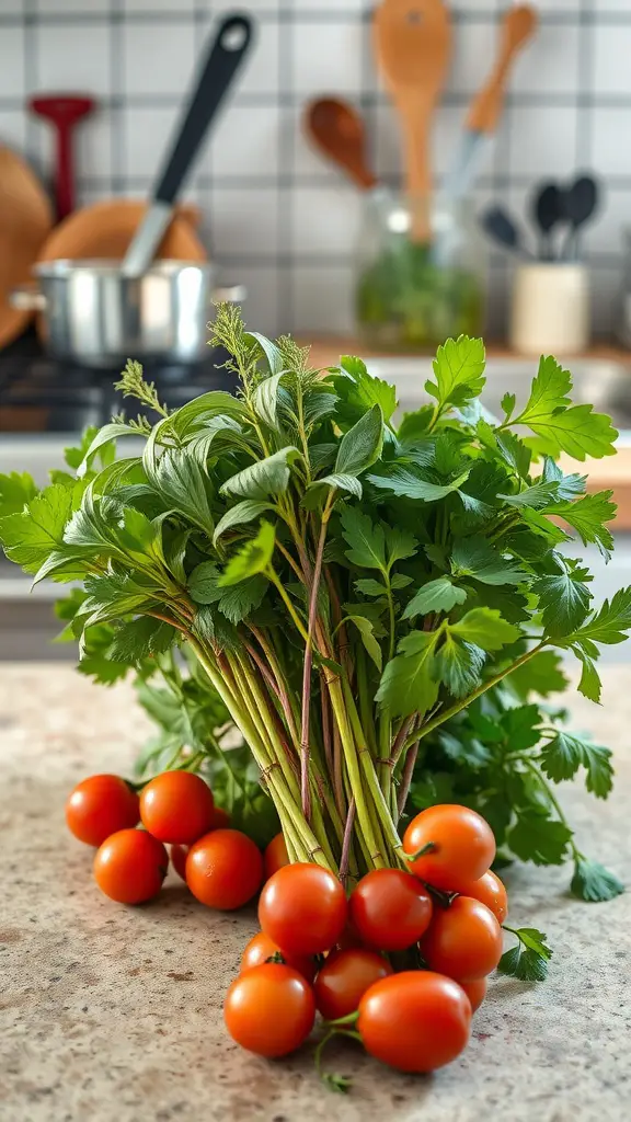 27 Essential Herbs to Grow in Your Outdoor Garden 11 A bunch of fresh herbs and cherry tomatoes on a kitchen counter