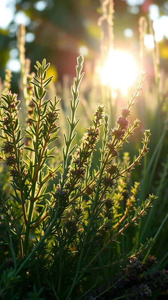 29 Perfect Herb Combinations for Your Garden 25 Sunlight filtering through lush herbs in a garden.