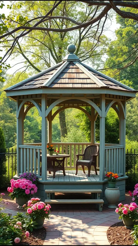 27 Absolutely Stunning Secret Garden Ideas to Inspire Your Space 24 A cozy gazebo in a lush garden, surrounded by colorful flowers and verdant trees.