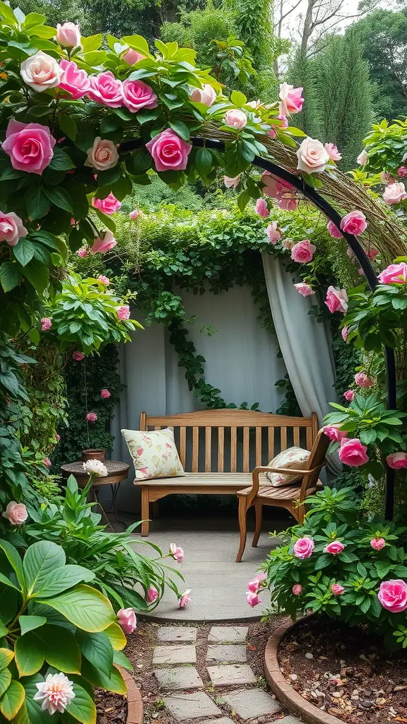 27 Absolutely Stunning Secret Garden Ideas to Inspire Your Space 7 A cozy hidden seating nook in a garden, framed by pink roses and lush greenery.
