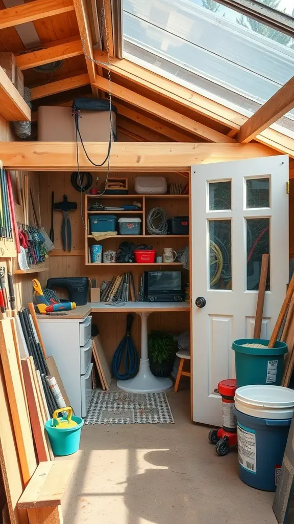 37 Creative Backyard Shed Ideas for Every Style 19 Interior of a hobby shed with wooden shelves, tools, and a workspace