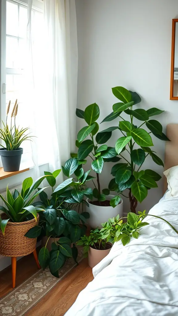 A cozy bedroom filled with various plants, showcasing a mix of greenery and natural light.