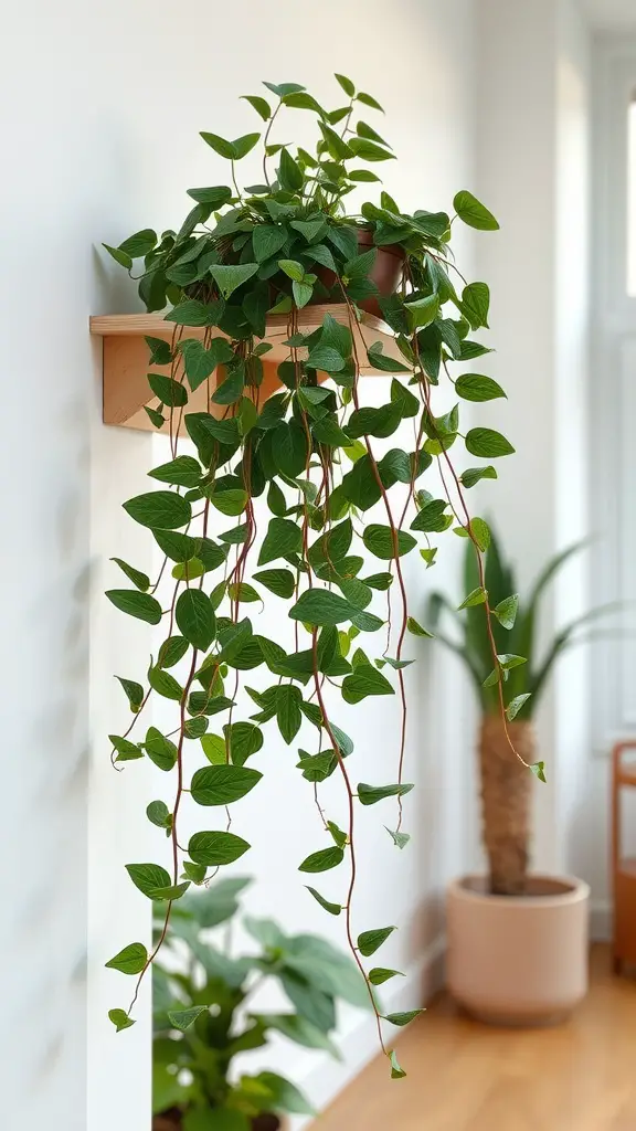15 Indoor Corner Plants That Make Any Room Look Stylish! 17 A trailing Hoya plant with heart-shaped leaves cascading from a wooden shelf.