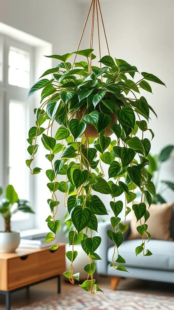 15 Stunning Hanging Plants to Beautify Your Living Room Windows 6 A Hoya plant with waxy leaves hanging in front of a window in a living room