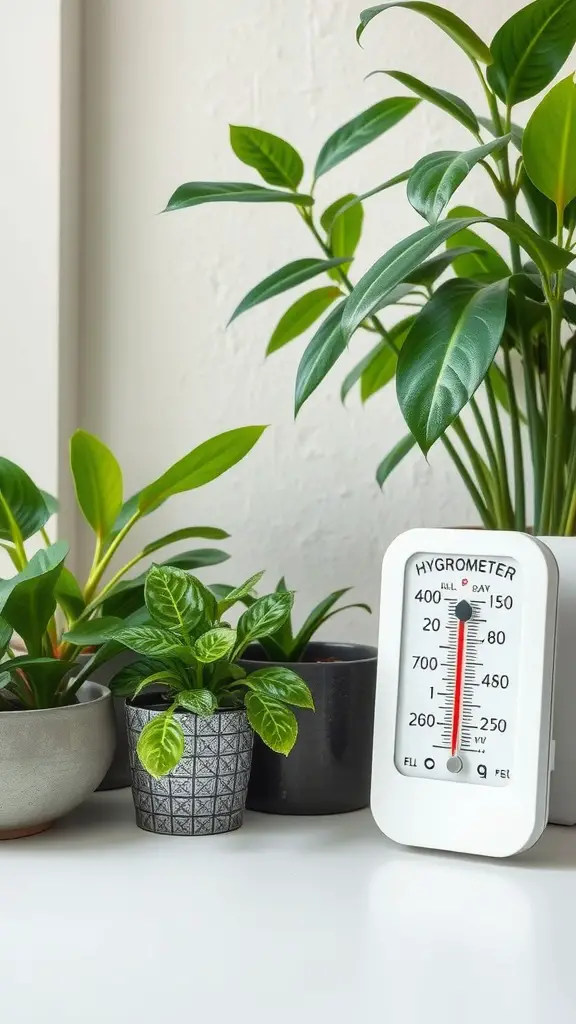 27 Stunning Indoor Plants to Brighten Your Space 2 A hygrometer next to several indoor plants, measuring humidity levels.