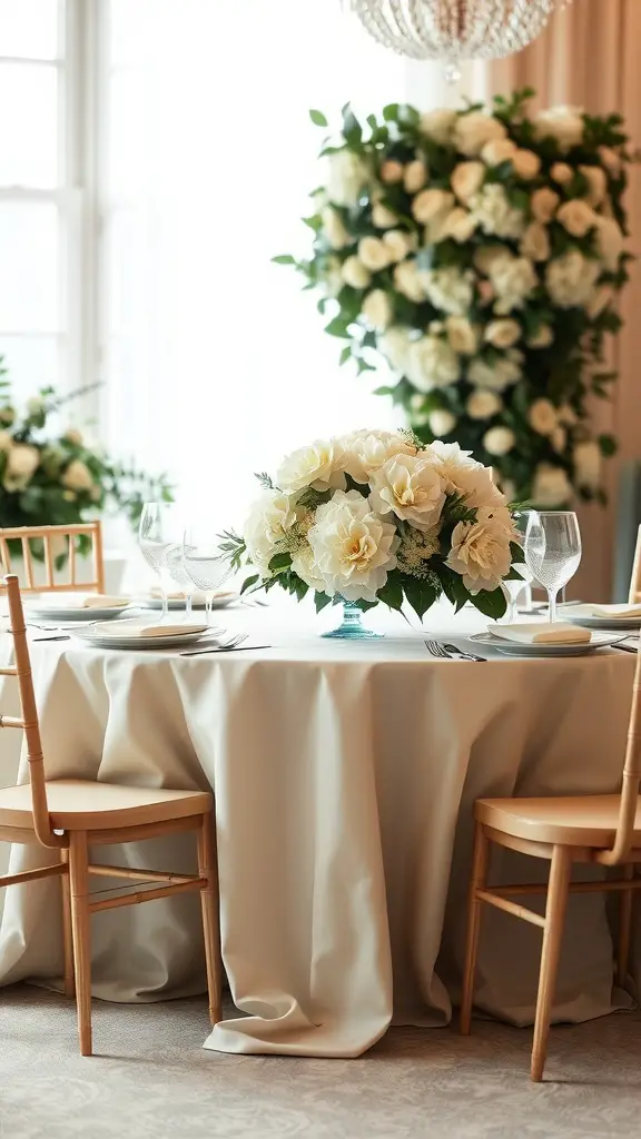 A wedding table decorated with a hydrangea centerpiece, surrounded by elegant tableware and a floral backdrop.