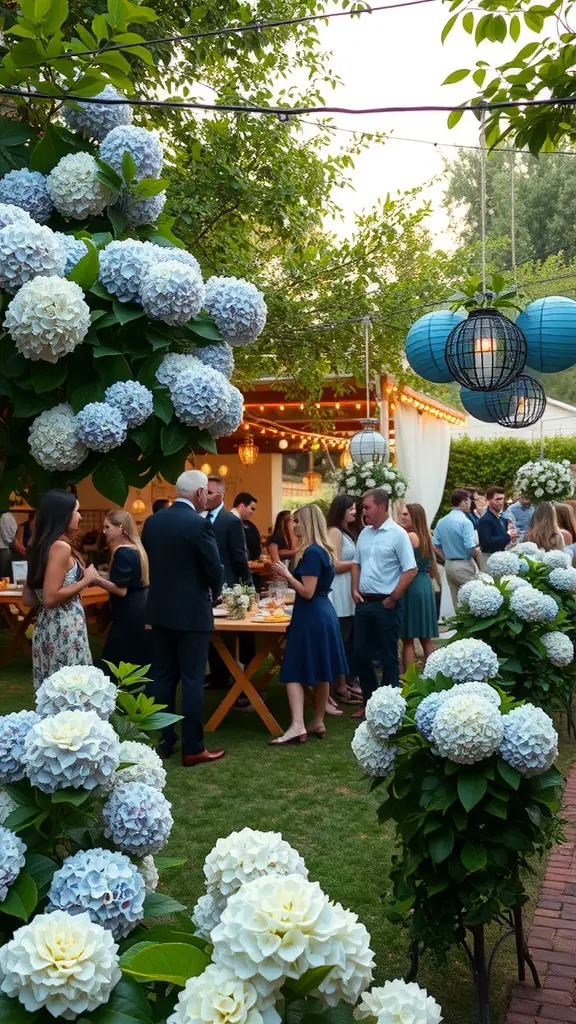 A garden party with lush hydrangeas, guests mingling, and decorative lanterns.