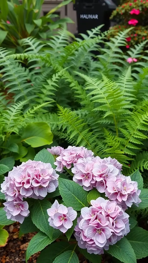 A cluster of pink hydrangeas in front of lush green ferns in a garden.