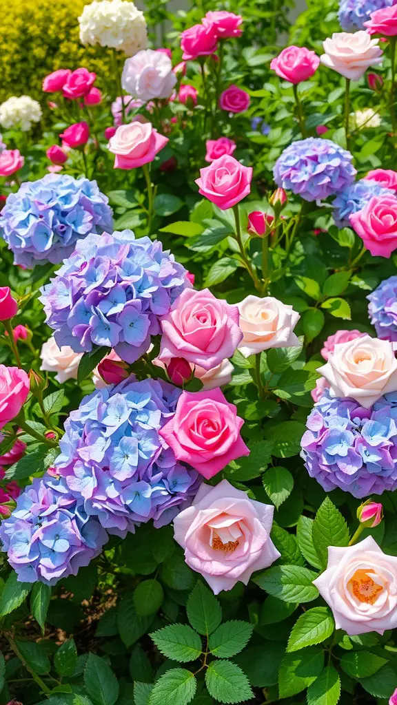 A colorful garden featuring pink roses and blue hydrangeas.