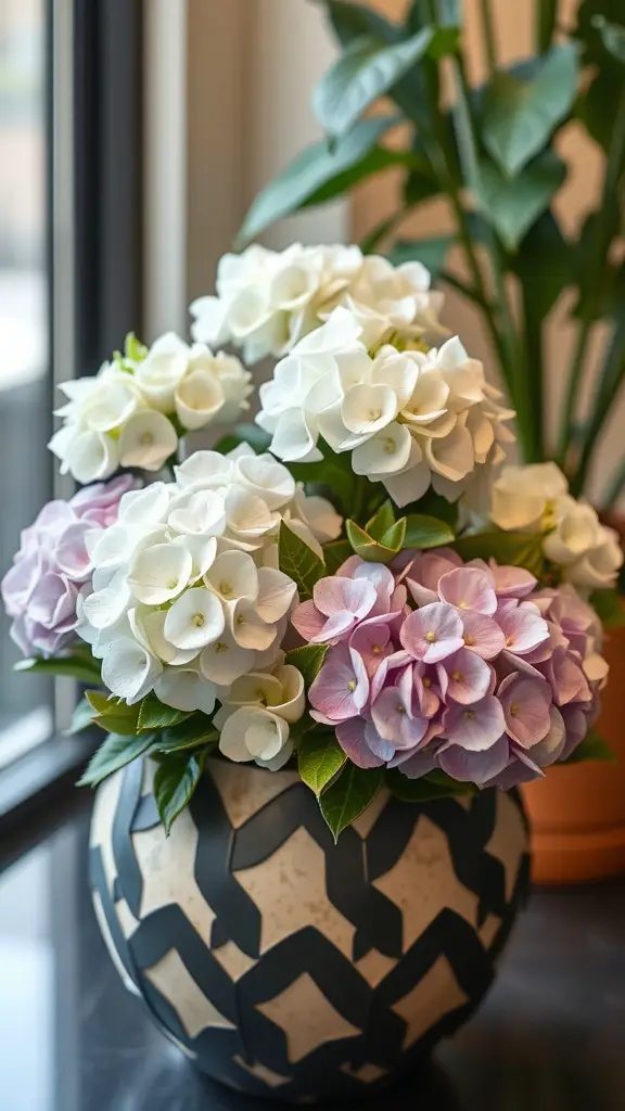 A beautiful arrangement of white and pink hydrangeas in a decorative pot.