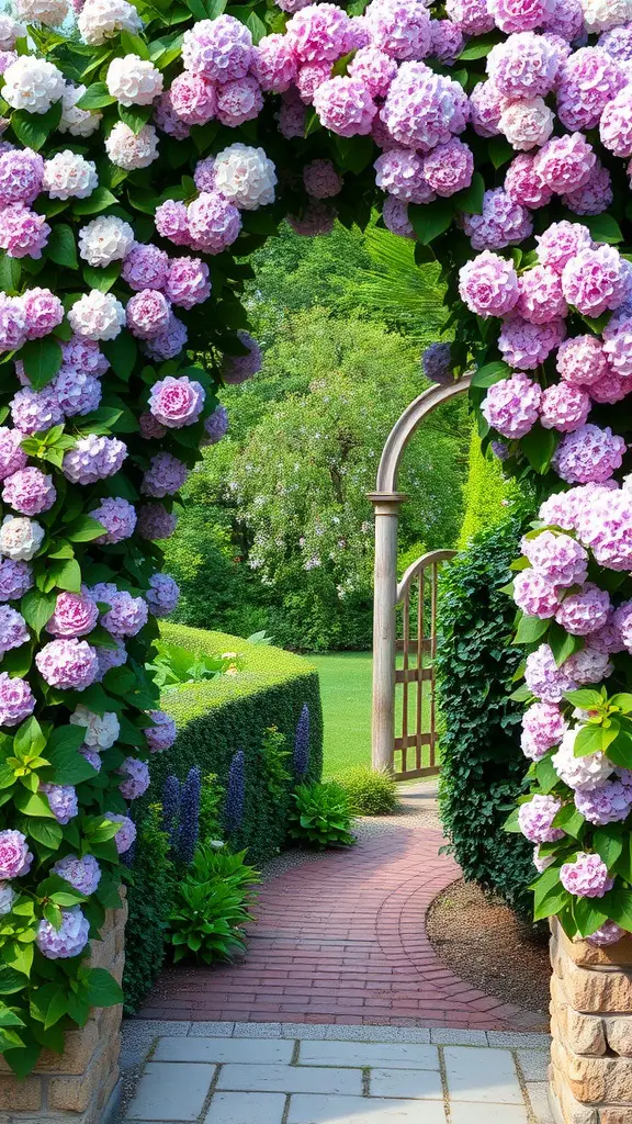 A beautiful garden archway adorned with blooming hydrangeas in shades of pink and white.